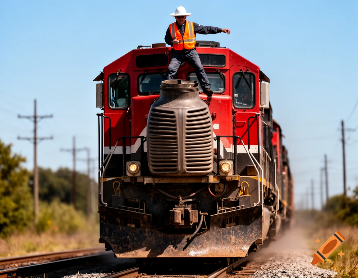 A man in a white helmet and orange safety vest rides a red CN locomotive like a bull down a dusty railway track on a sunny day.