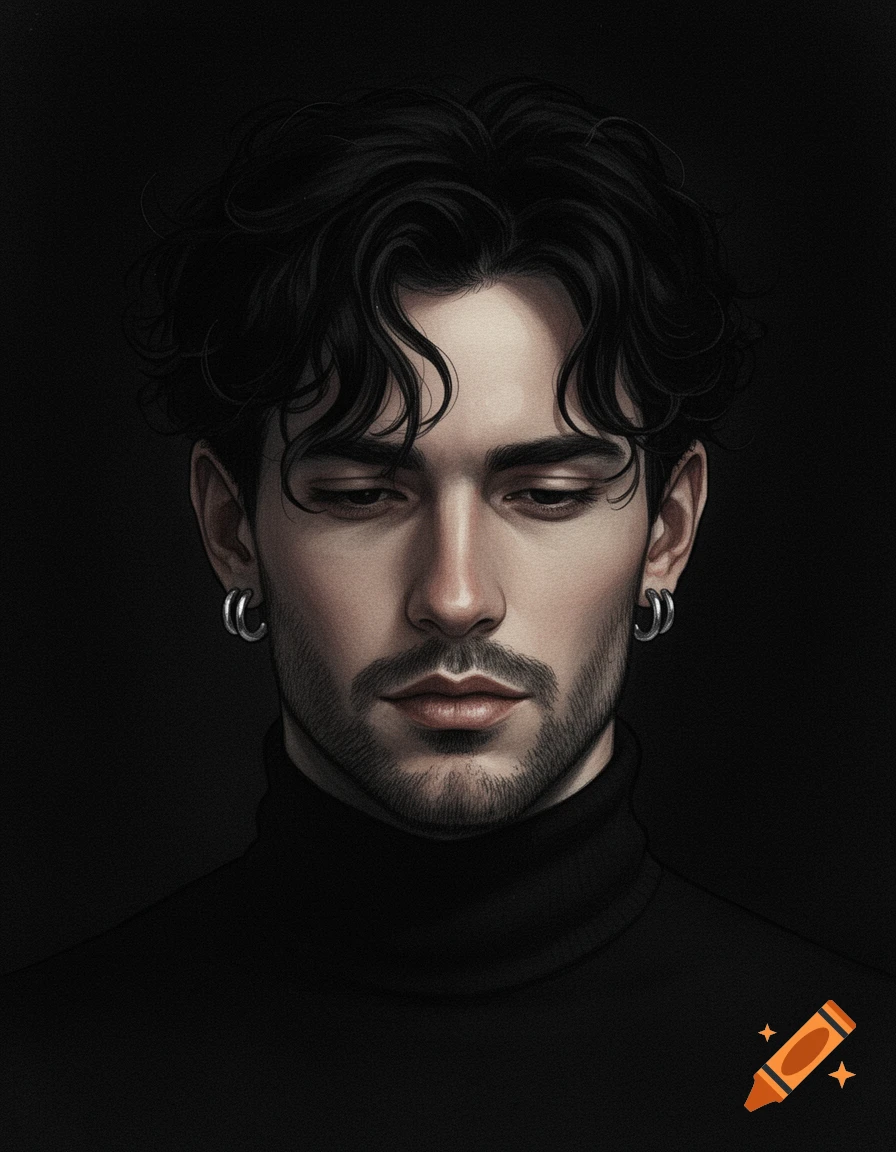 Digital painting of a man with dark wavy hair, beard, and silver hoop earrings, wearing a black turtleneck on a dark background.