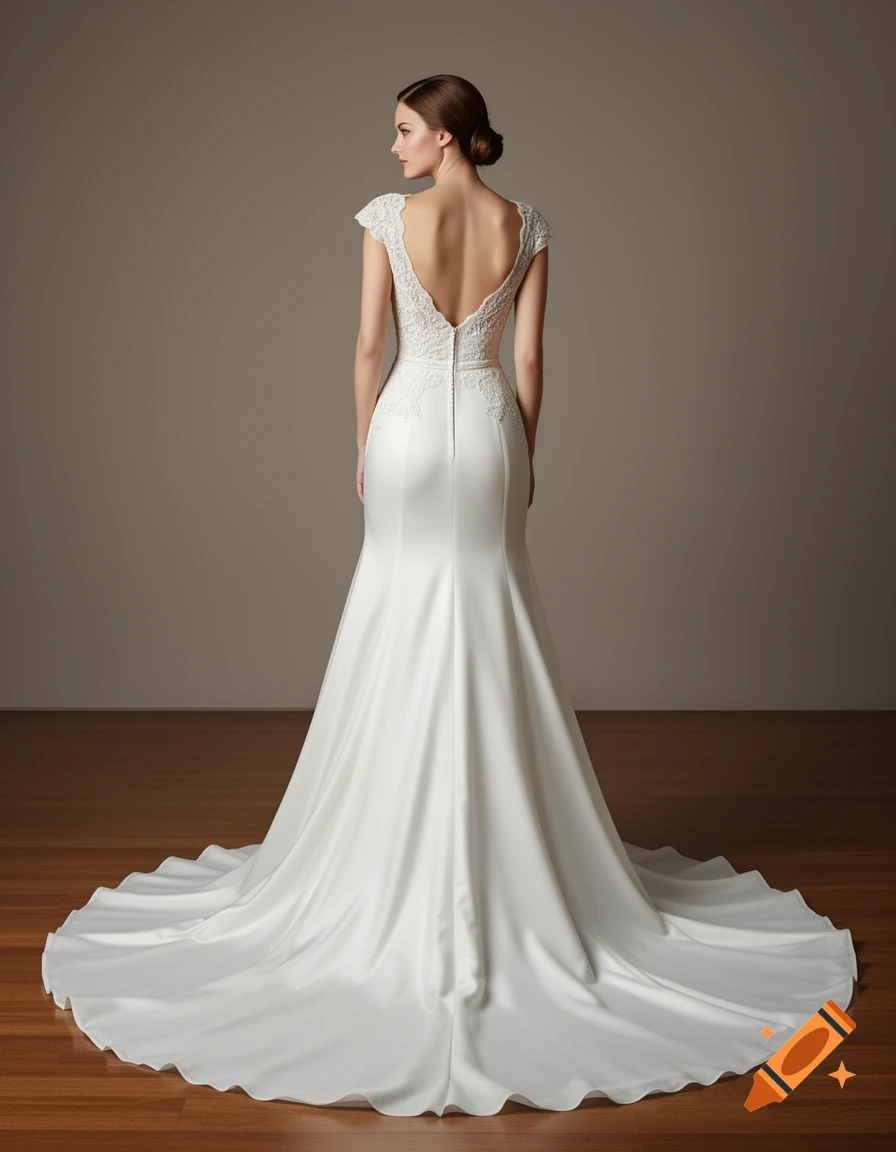 A woman from behind, wearing a white, cap-sleeved wedding dress with a deep V-back and a long train, standing on a wooden floor.