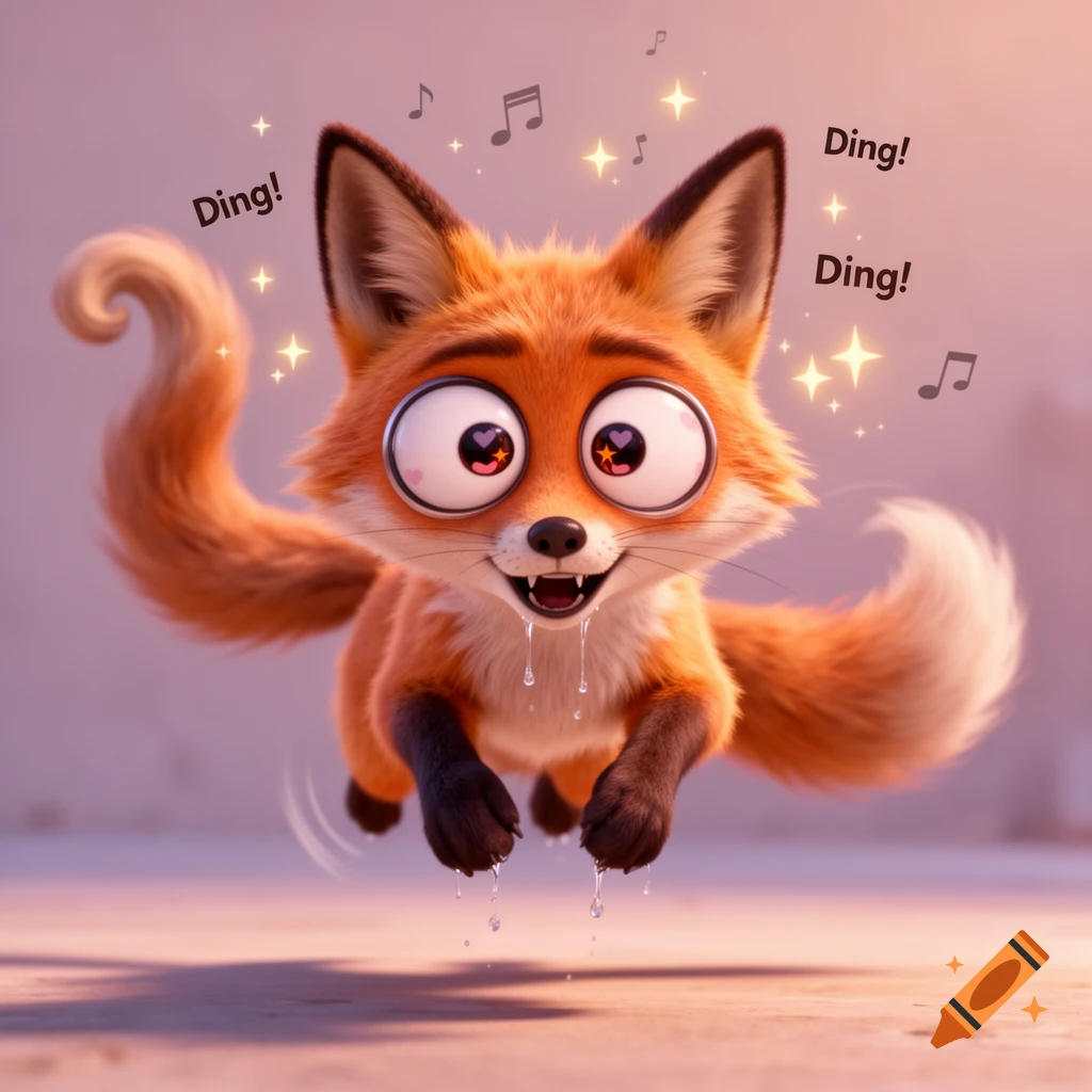 A cute Pixar-style cartoon fox with huge, heart-pupil eyes, drooling and pouncing, with 'Ding!' text and musical notes.