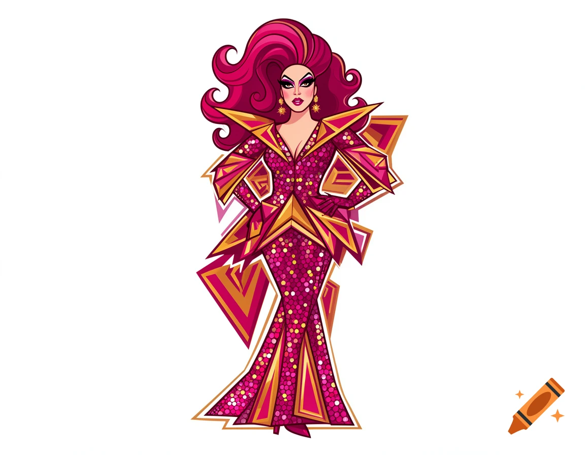 A stylized illustration of a drag queen in a dazzling pink, gold, and magenta geometric gown with a high collar and bouffant hair.