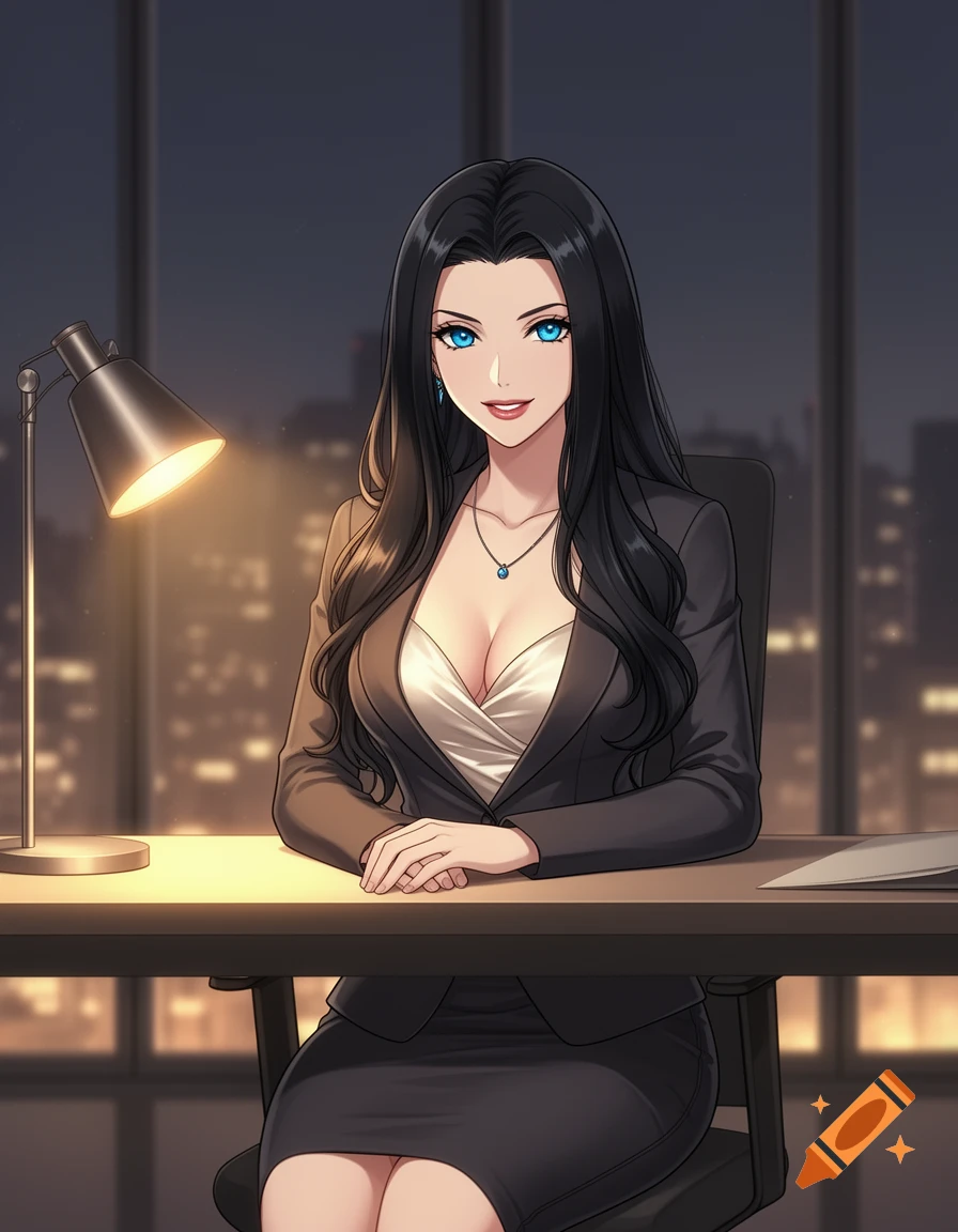 An anime office lady with long black hair and blue eyes, wearing a dark suit and white top, sits at a desk with a lamp against a city night view.