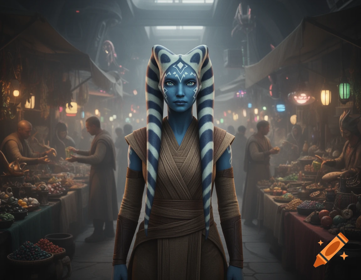 A blue-skinned Togruta in brown robes stands prominently in a busy, atmospheric market street lined with various food stalls.