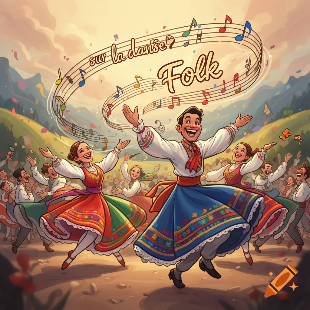 Cheerful cartoon people in traditional folk costumes dancing outdoors, with "sur la danse Folk" and music notes in the sky.
