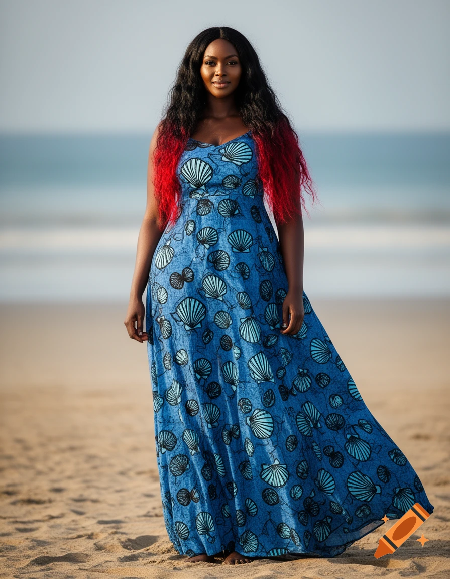 A woman with black hair with red tips wears a blue seashell print maxi dress while standing on a sandy beach.