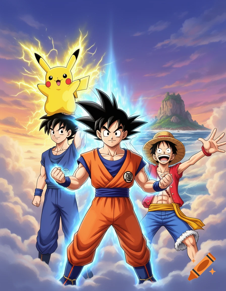 Anime characters Goku, Luffy, and Pikachu stand heroically, glowing with energy amidst clouds under a colorful sky.