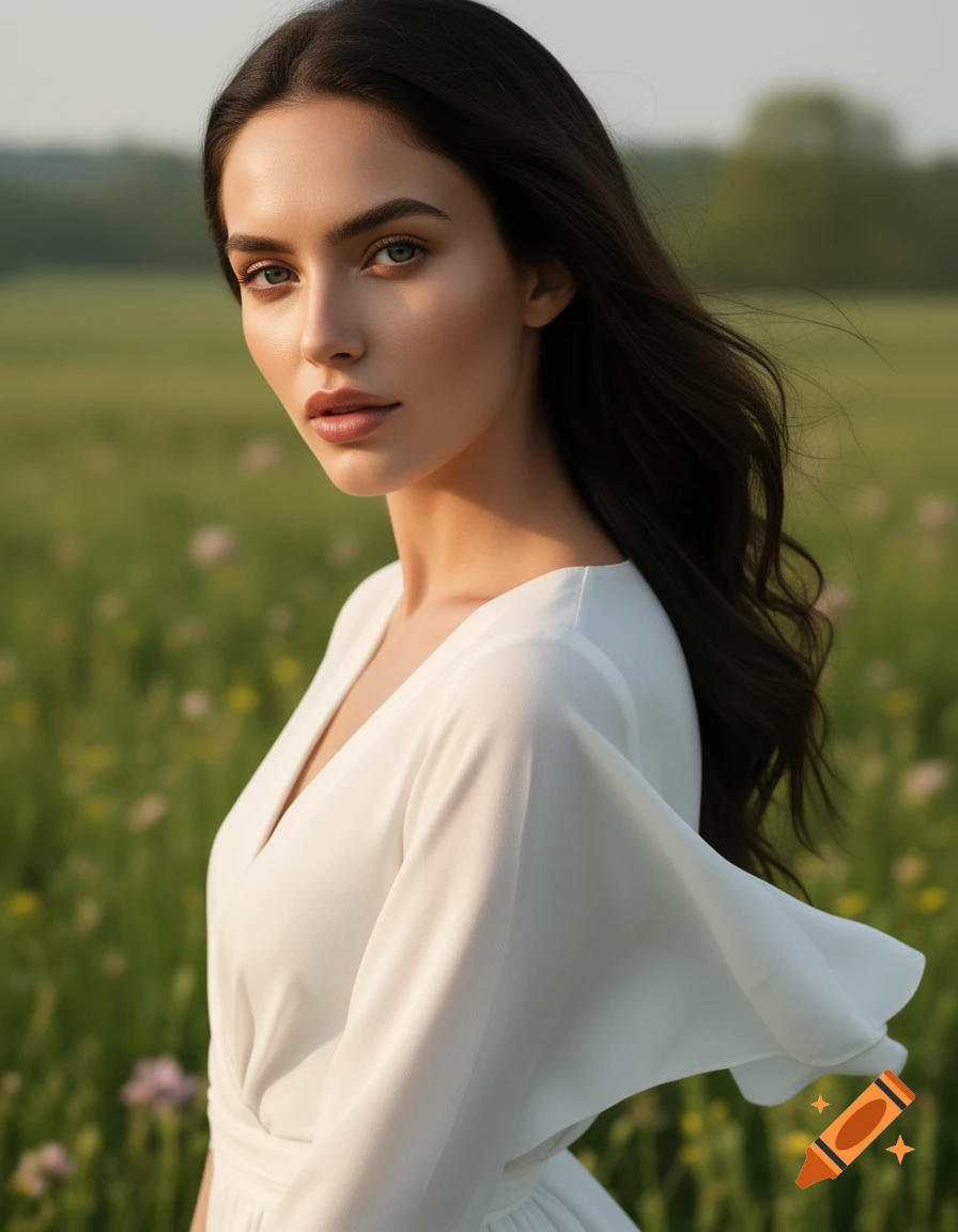 Photorealistic portrait of a young woman with dark hair in a white dress, looking at the viewer in a sunny field with wildflowers.
