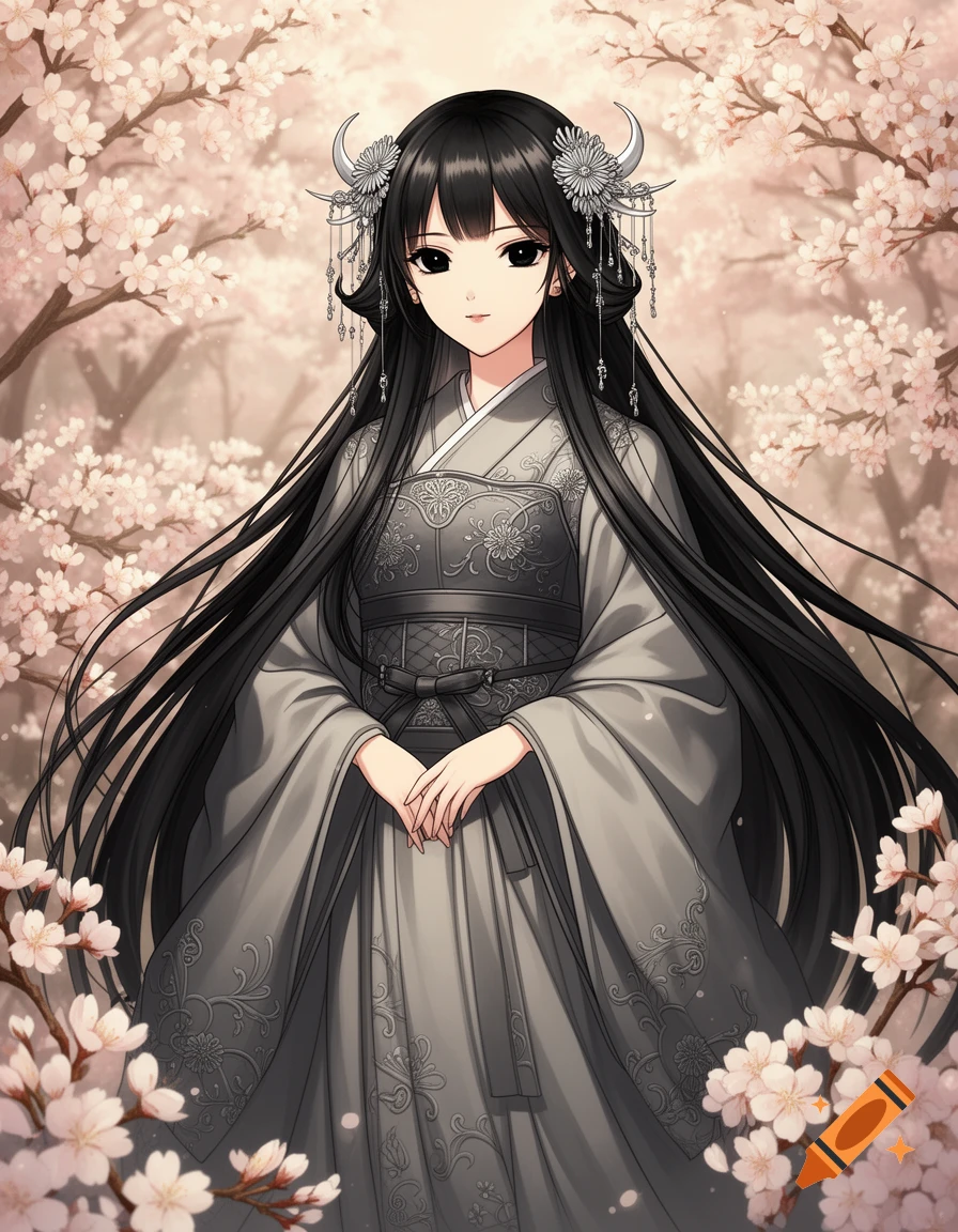 Elegant anime girl with long black hair in a grey traditional dress, standing amidst pink cherry blossoms.