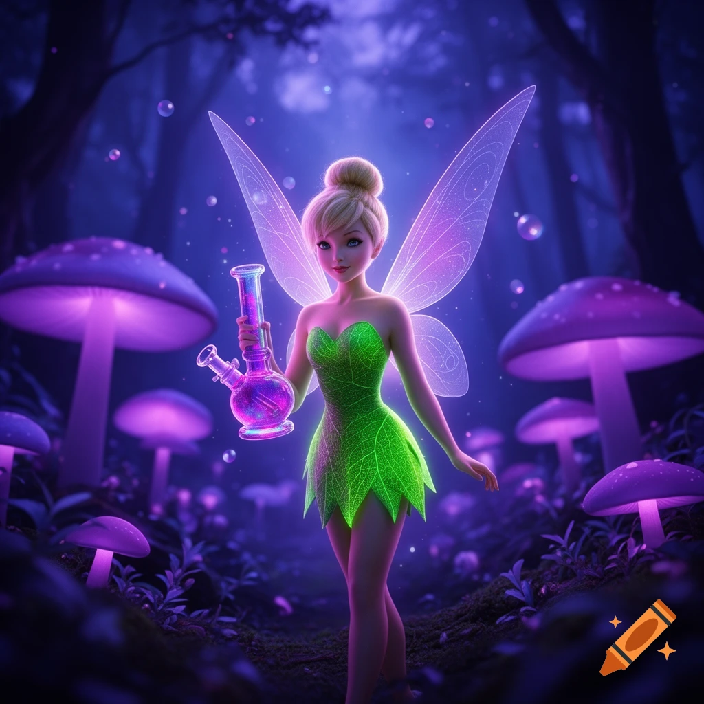 A fairy resembling Tinkerbell holds a glowing purple bong in a dark, mystical forest with bioluminescent mushrooms and sparkling bubbles.