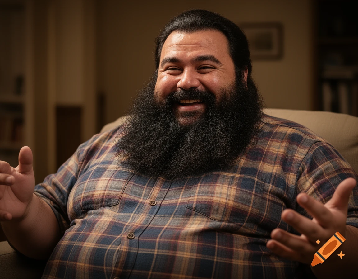 A large, bearded man in a plaid shirt laughs heartily, sitting indoors with his hands open.