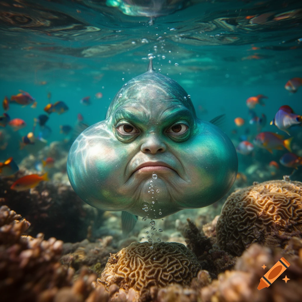 A grumpy-faced fish with puffed cheeks floats underwater above coral, surrounded by smaller fish.