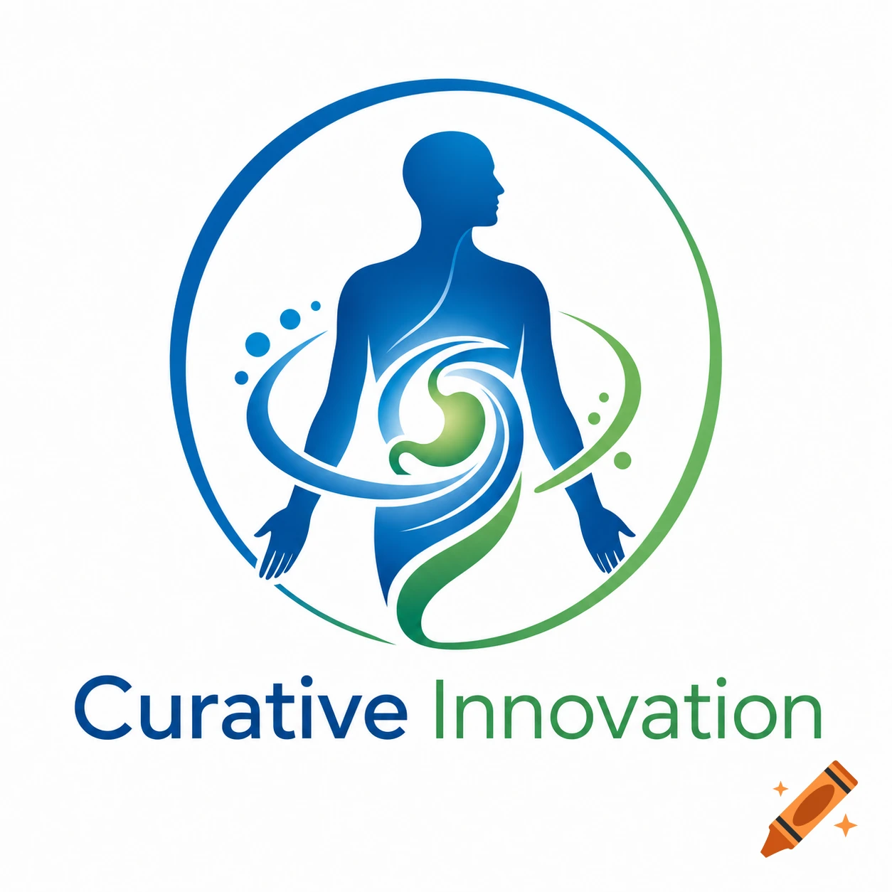 Vector logo of a blue human silhouette with green and blue swirling lines, with the text "Curative Innovation" below.