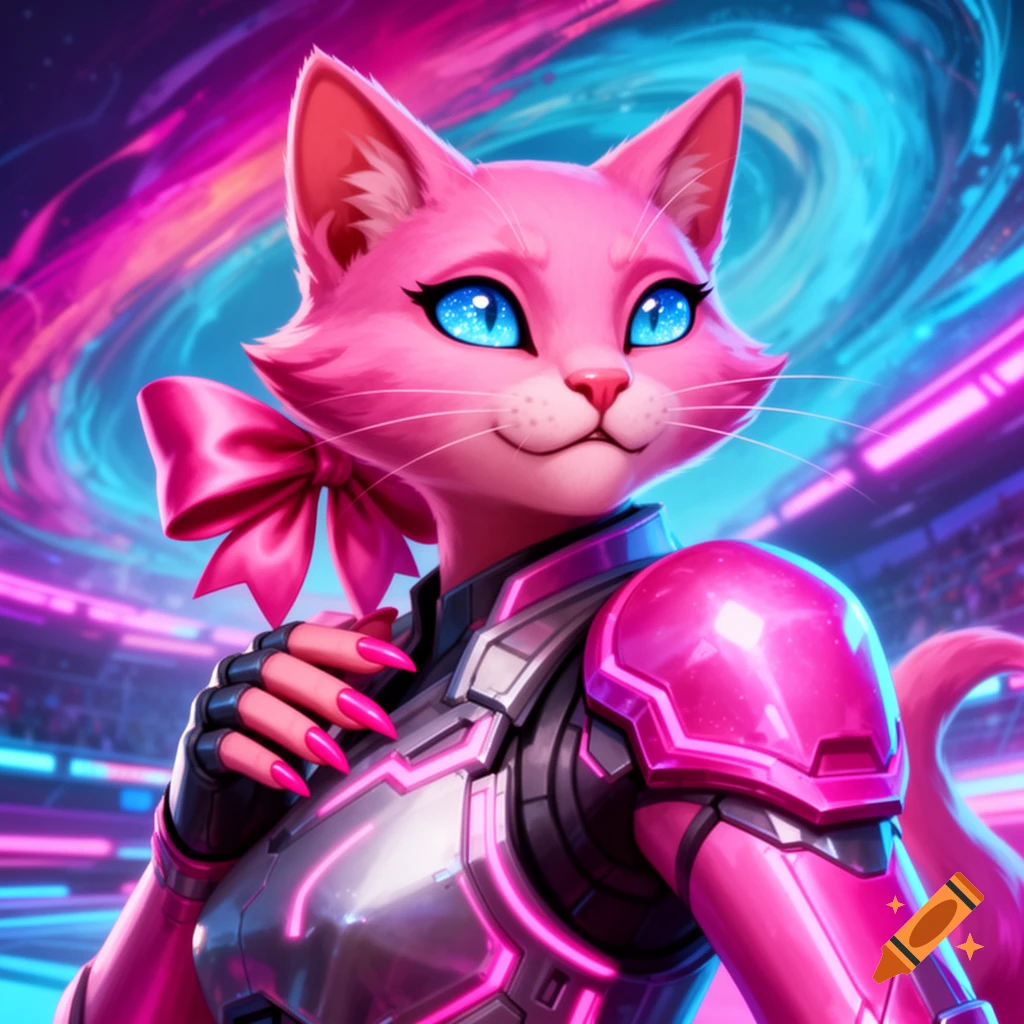 A vibrant pink anthropomorphic cat with glowing blue eyes, a pink bow, and futuristic pink and silver armor, set against a neon swirling background.