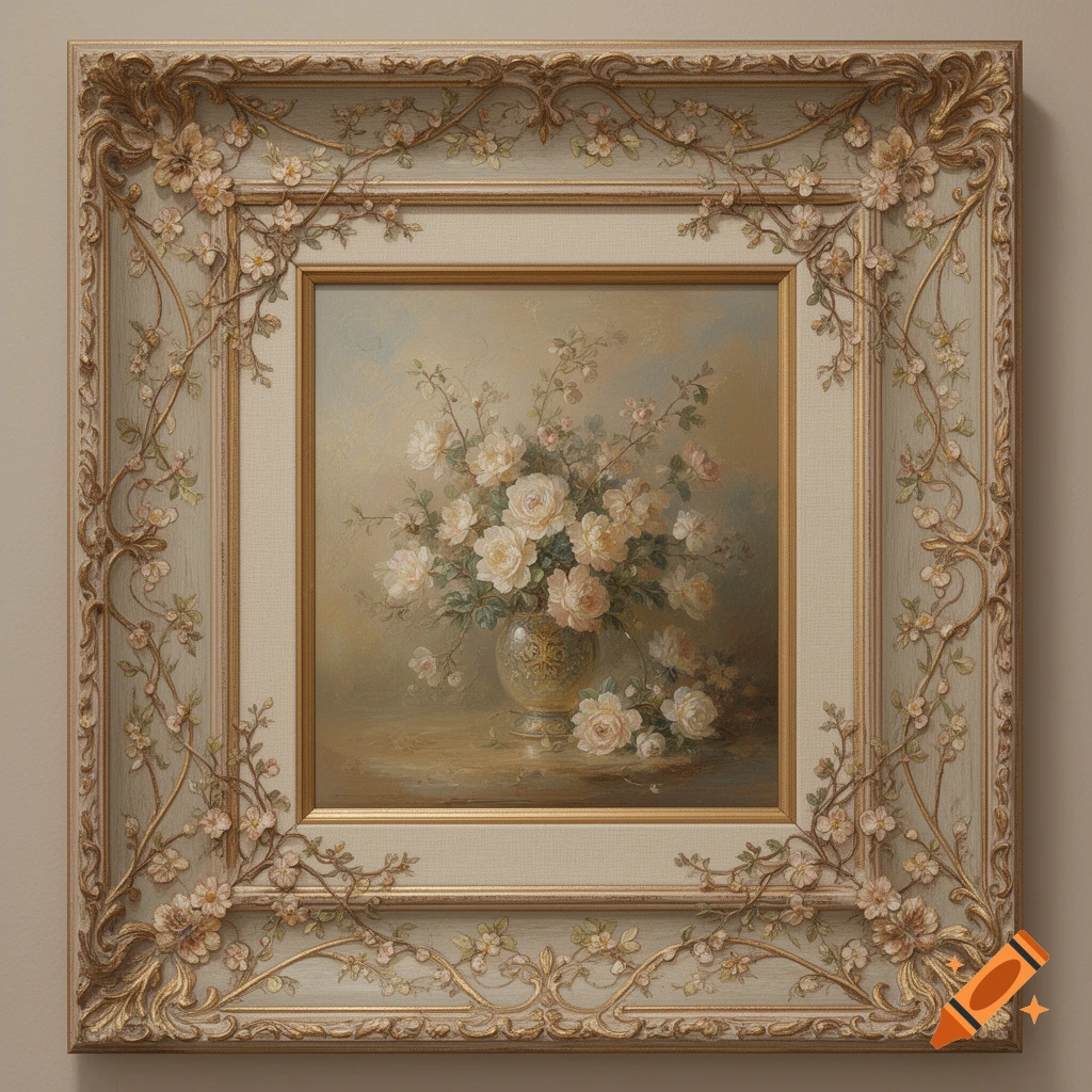 A classical painting of white and pink roses in a golden vase, set within an ornate gilded frame with floral motifs.