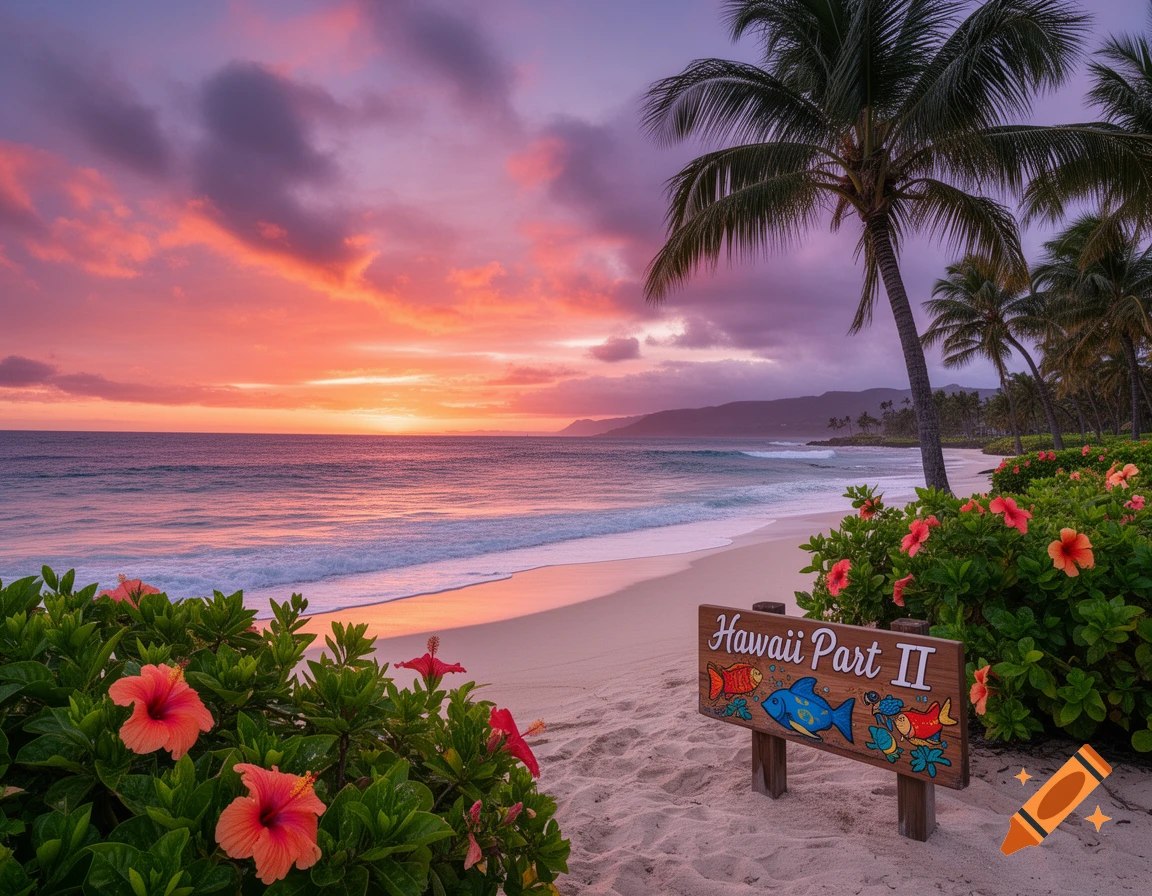 A vibrant sunset over a sandy beach with crashing waves, palm trees, and tropical hibiscus flowers. A wooden sign reading "Hawaii Part II" is in the sand.