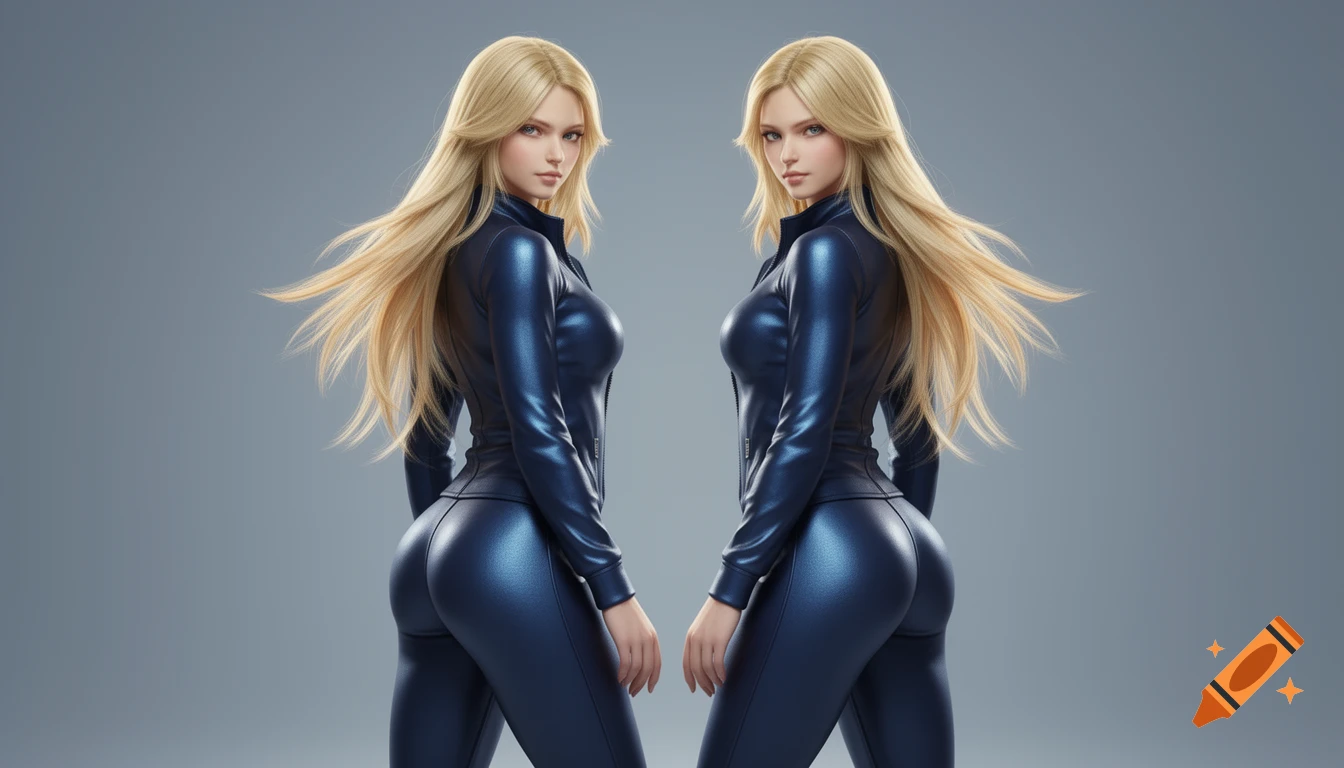Two identical blonde women in tight, shiny blue tracksuits stand side-by-side, looking over their shoulders.
