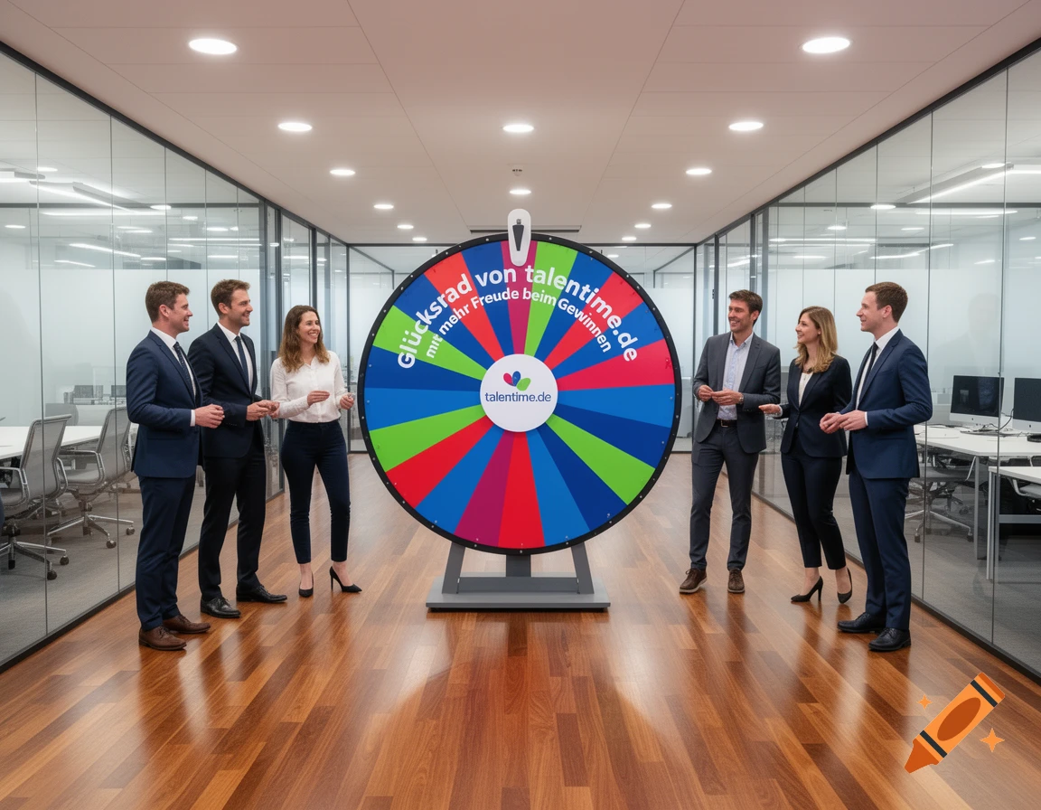 Six professionals in suits stand around a large, colorful spinning wheel in a modern office, looking happy.