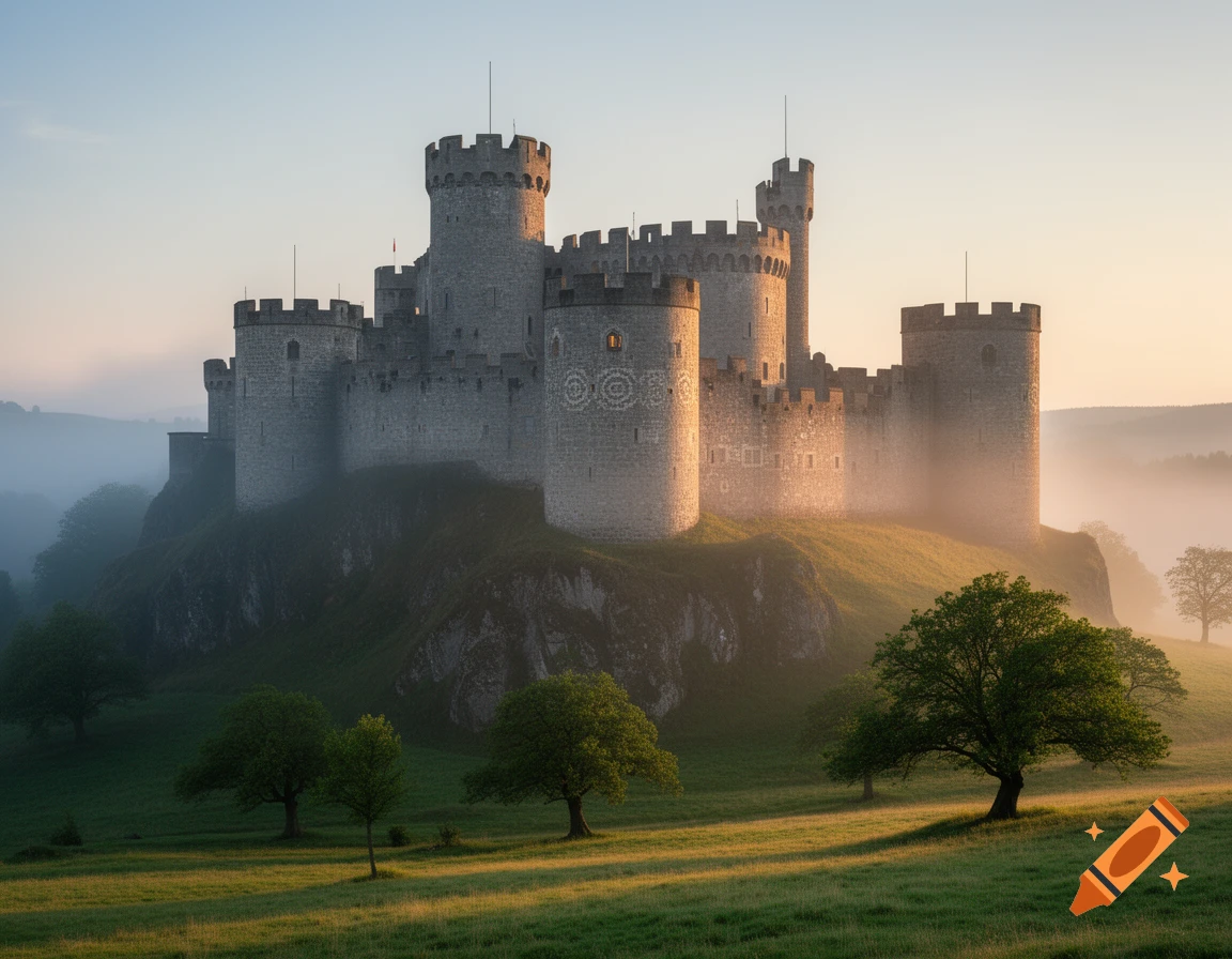 A majestic medieval castle on a misty hill at sunrise, surrounded by green fields and trees, in a photorealistic style.