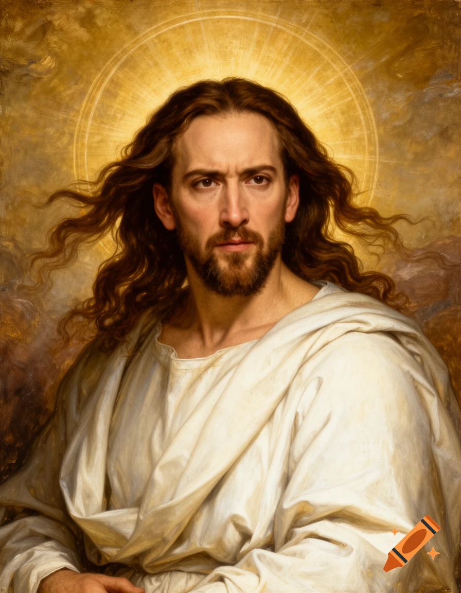 A Renaissance-style oil painting of Jesus Christ with long brown hair, beard, white robe, and a golden halo, looking directly ahead with an intense gaze.