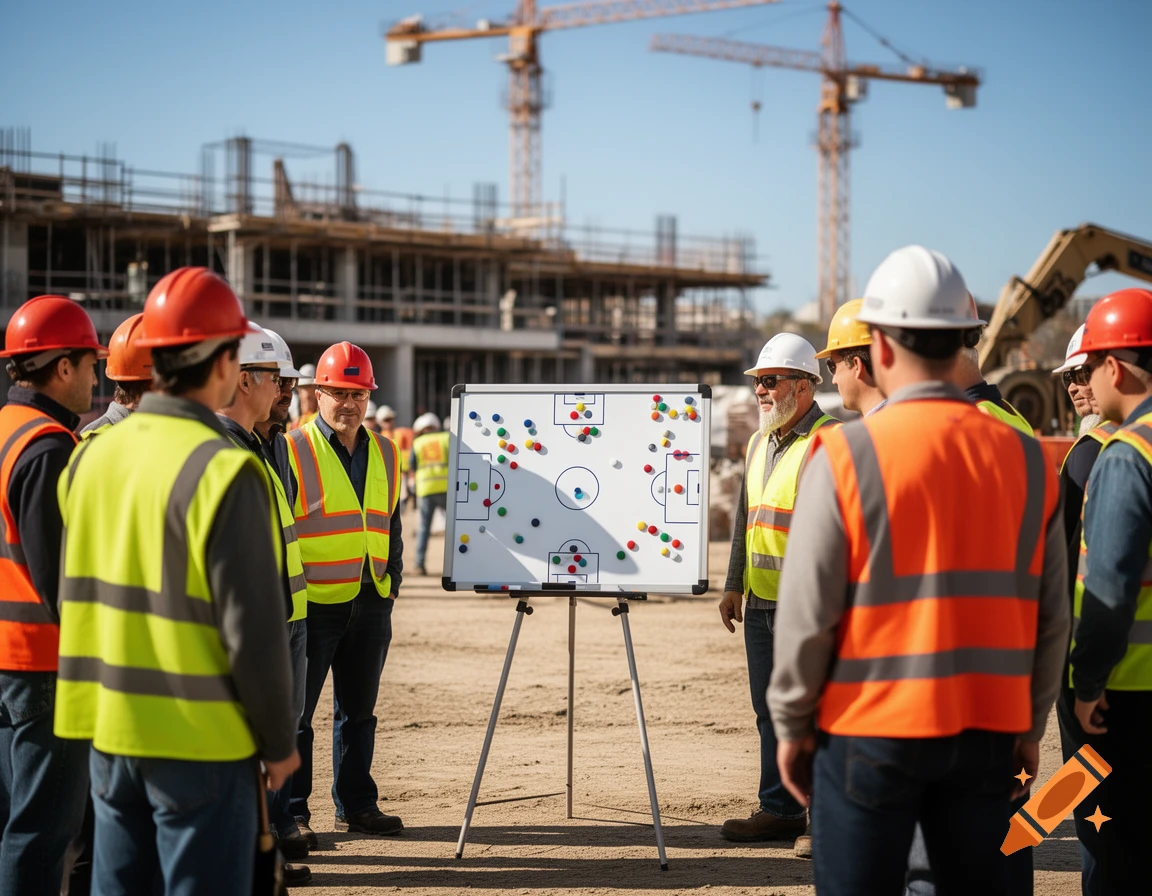 Construction workers in hard hats and vests gather around a whiteboard displaying a soccer strategy diagram at an outdoor construction site.