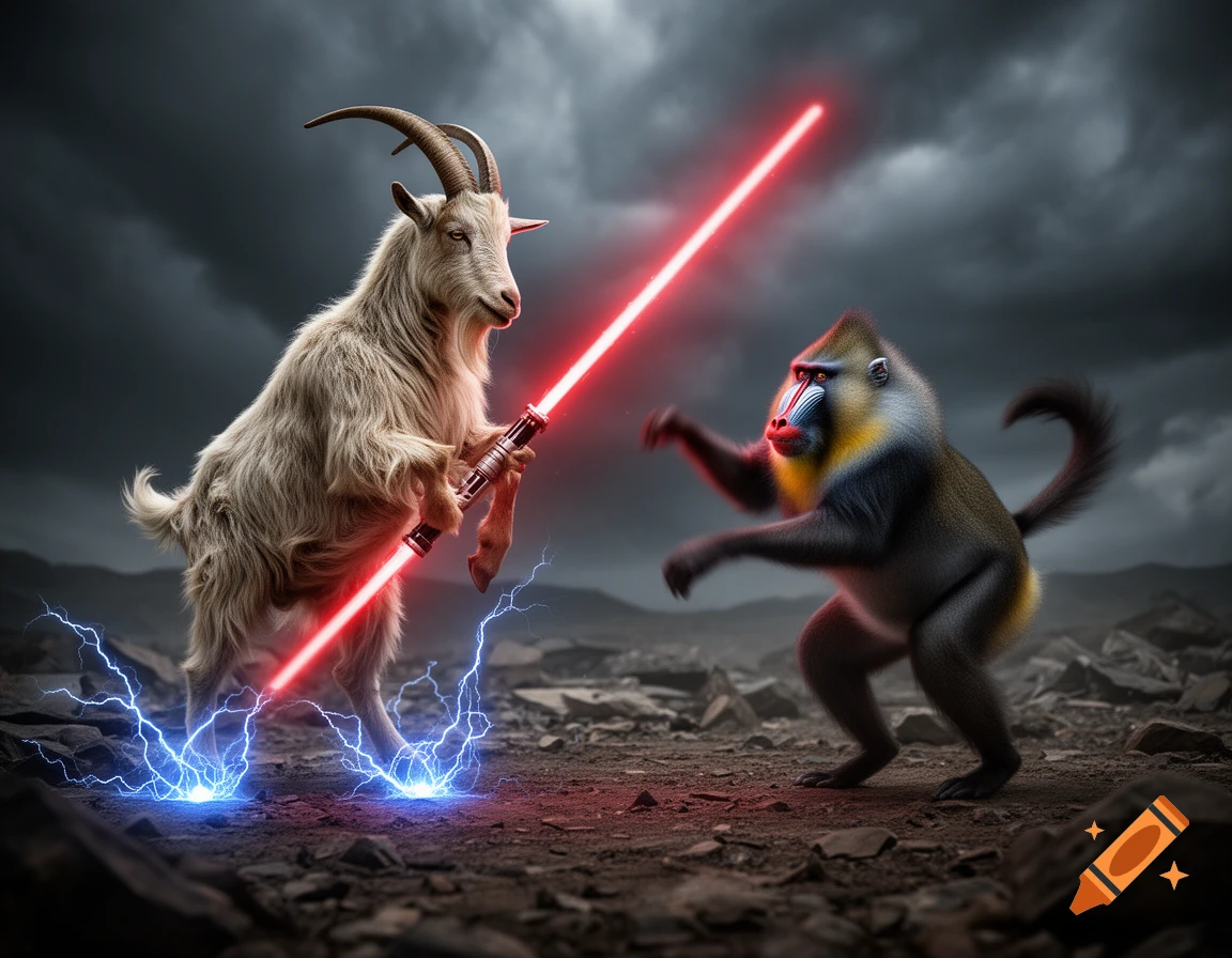 A photorealistic goat with a red lightsaber and force lightning battles a mandrill in a rocky, stormy landscape.