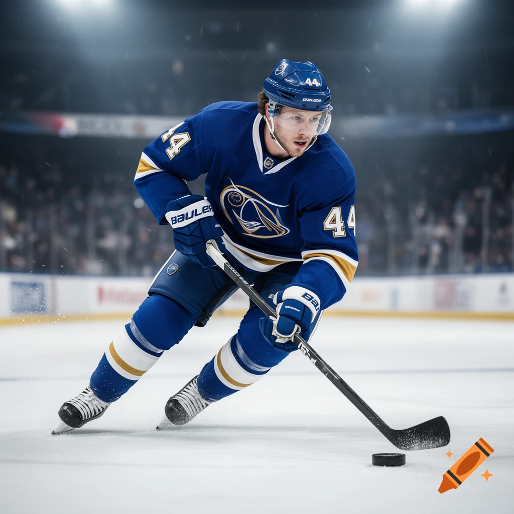 A photorealistic image of a male hockey player in a blue and gold uniform with number 44, skating on ice during a game.