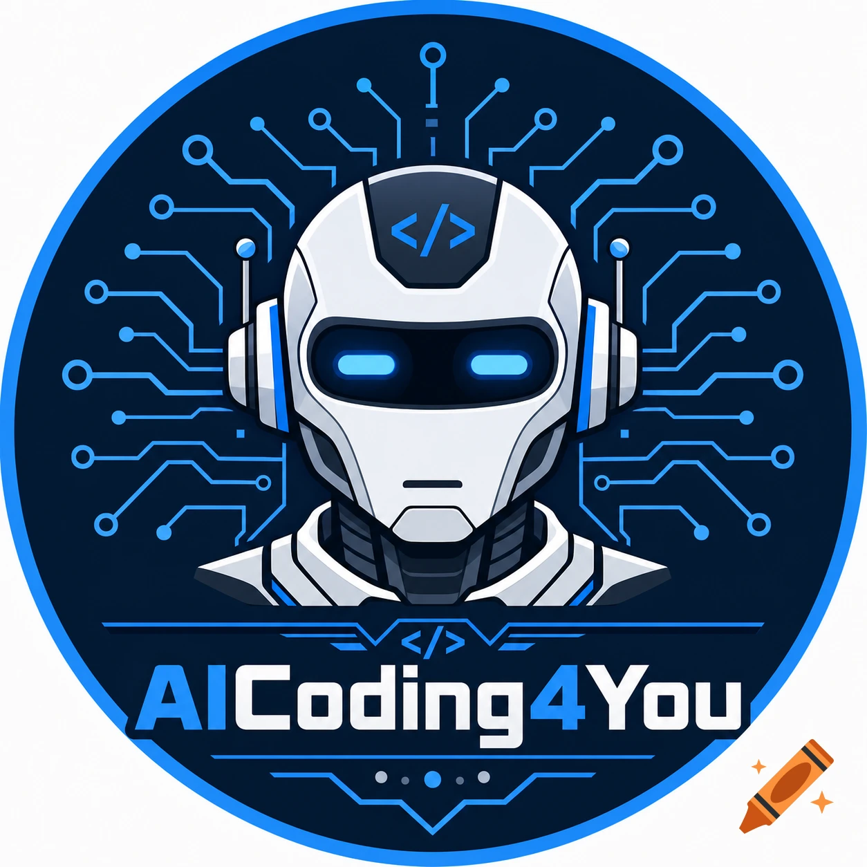 A circular logo featuring a stylized white and blue robot head with glowing eyes against a dark blue circuit board pattern, with "AICoding4You" text below.