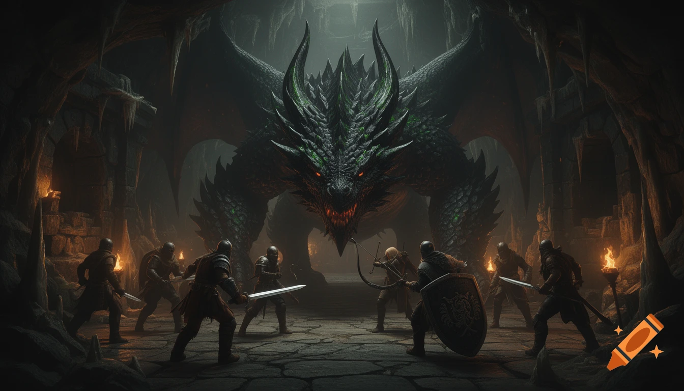 Armored warriors prepare to battle a colossal green and black dragon in a dimly lit, ancient dungeon.