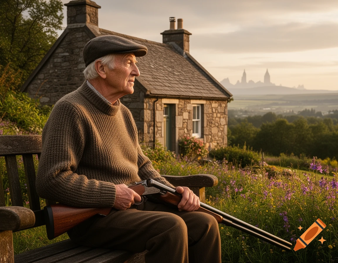 Elderly man in a flat cap sits on a bench with a shotgun, overlooking a rural Scottish landscape with a stone house at sunset.