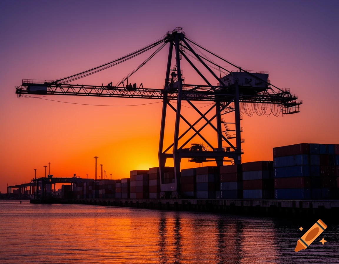 Silhouette of a large gantry crane and cargo containers at a port against a vibrant orange and purple sunset, with reflections on the water.