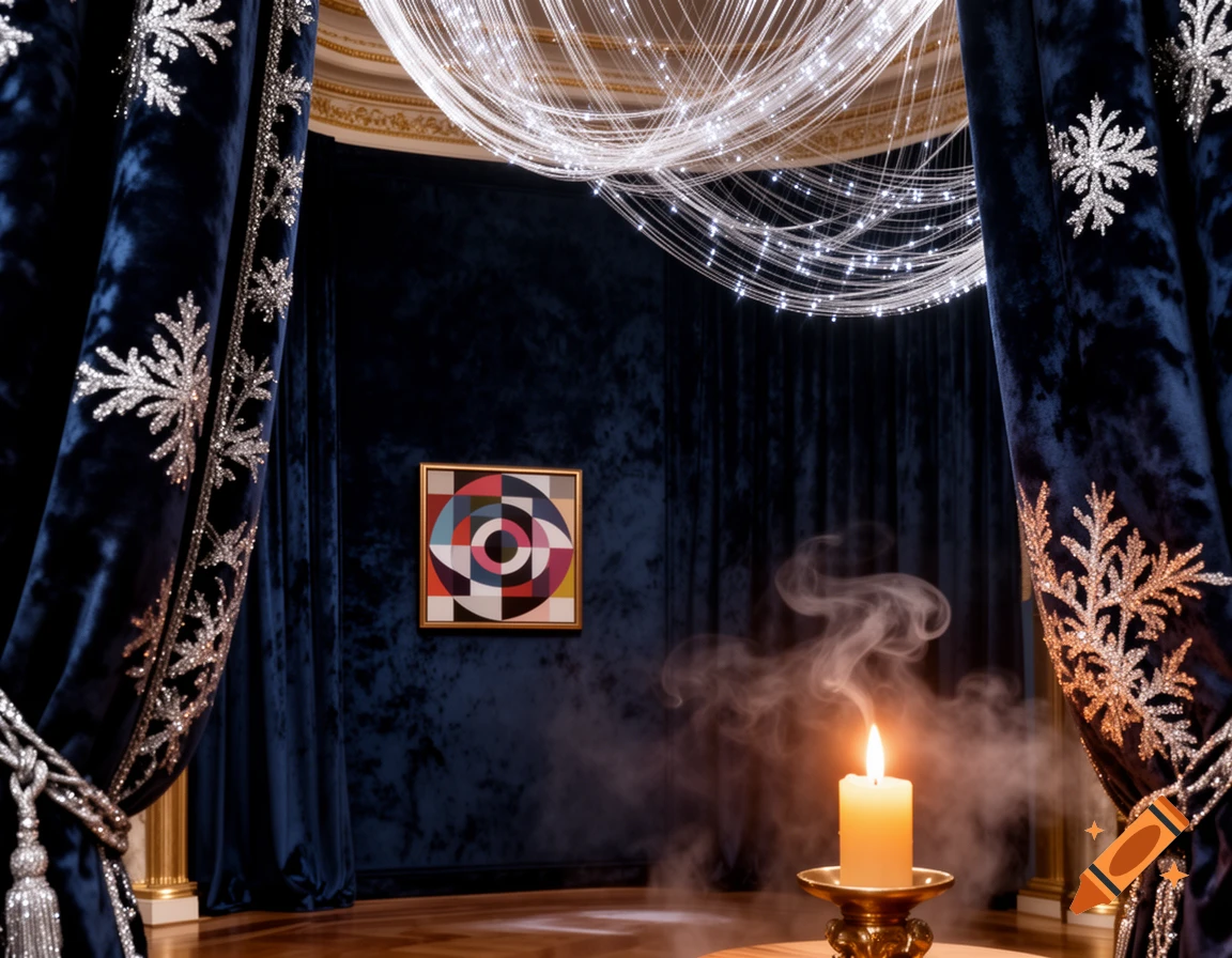 A luxurious interior with deep blue velvet curtains adorned with silver snowflake patterns, a geometric optical art painting, a lit candle with smoke, and fiber optic lighting.