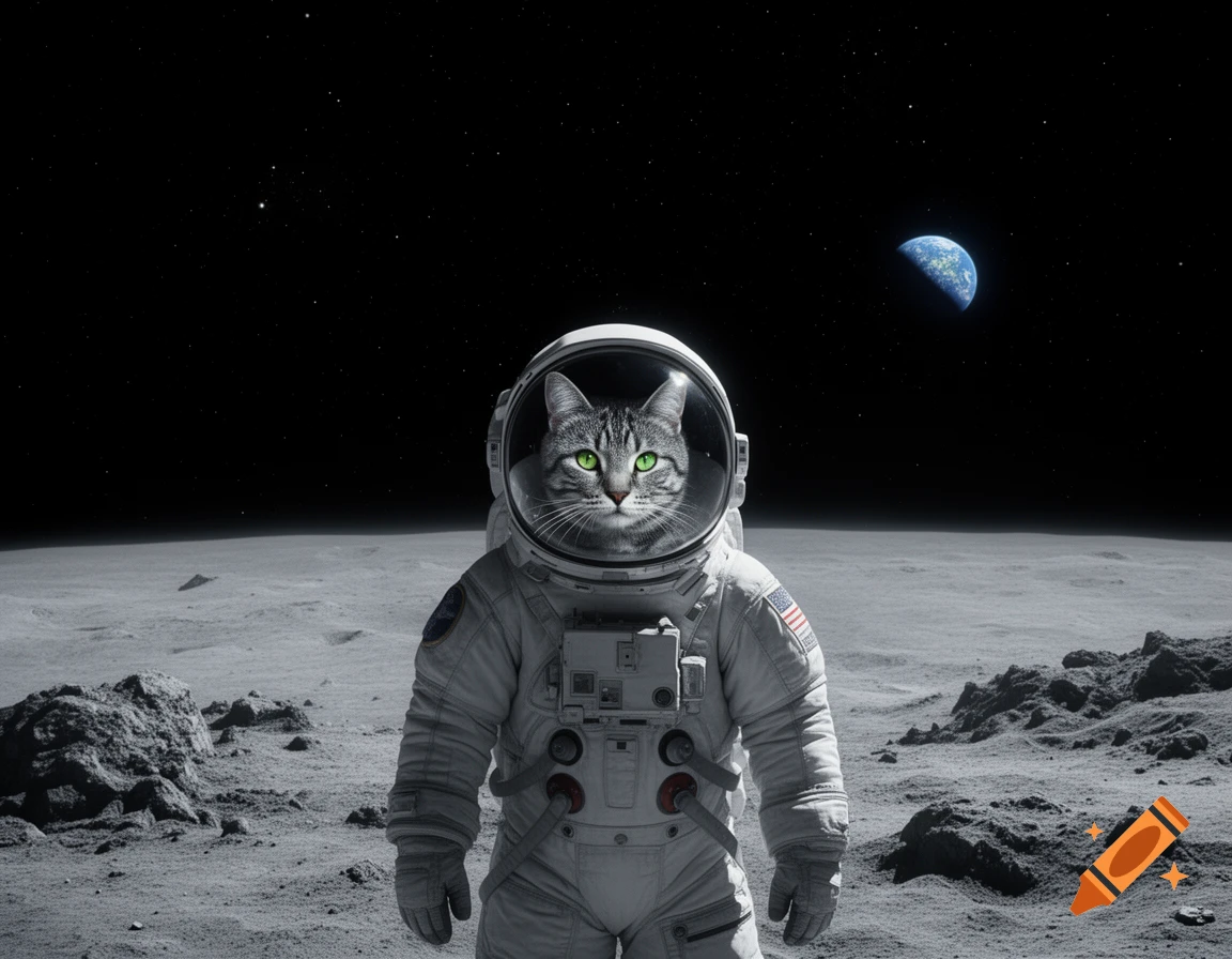 A photorealistic image of a tabby cat with green eyes wearing an astronaut suit, standing on the moon with Earth visible in the distance.