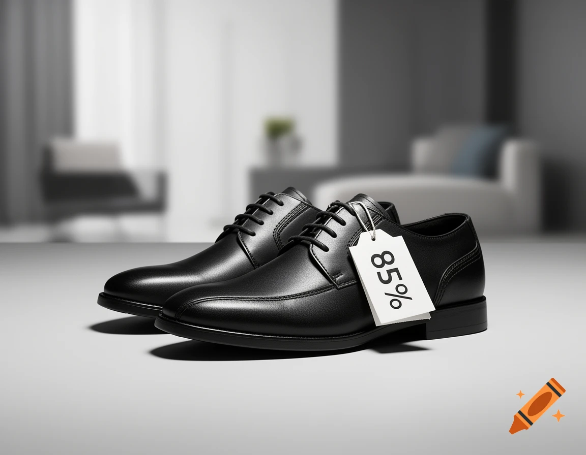 A pair of shiny black leather dress shoes with an "85%" discount tag, set against a blurred background.