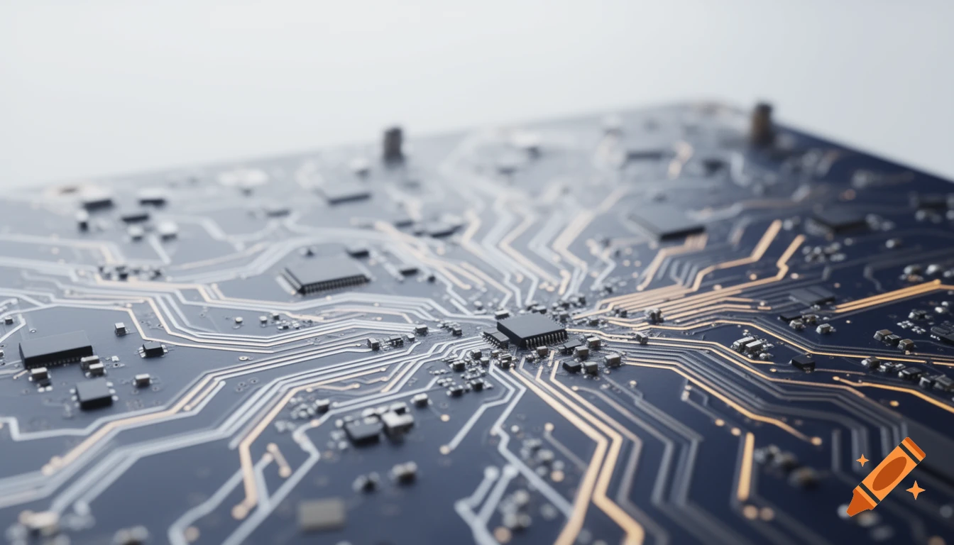 Close-up, photorealistic view of a detailed circuit board with a central microchip and numerous pathways.