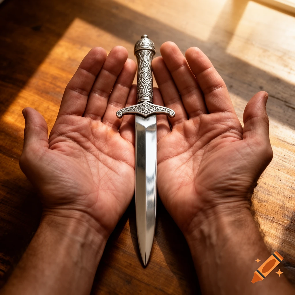 Two hands cupped, holding an ornate silver dagger vertically on a wooden table, with sunlight casting shadows.