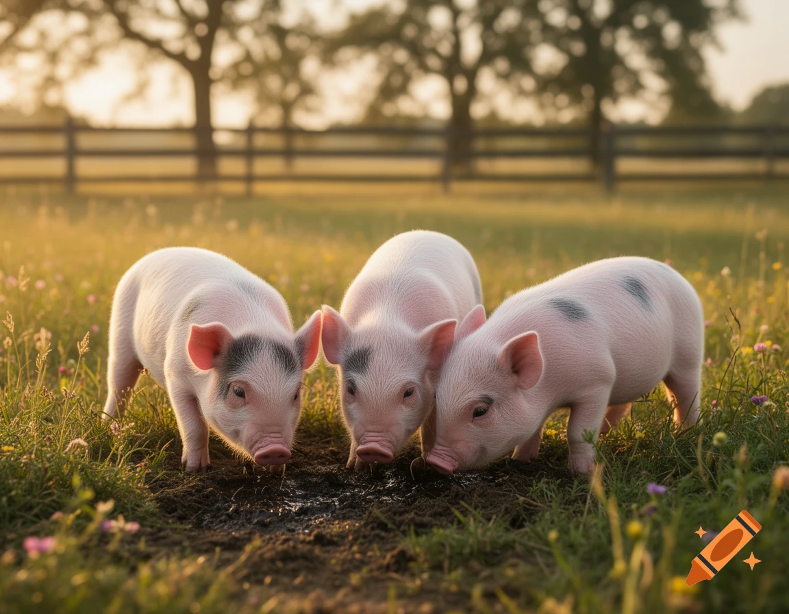 Three pink and black spotted piglets root in the mud of a grassy field at sunset, with trees and a fence in the background.