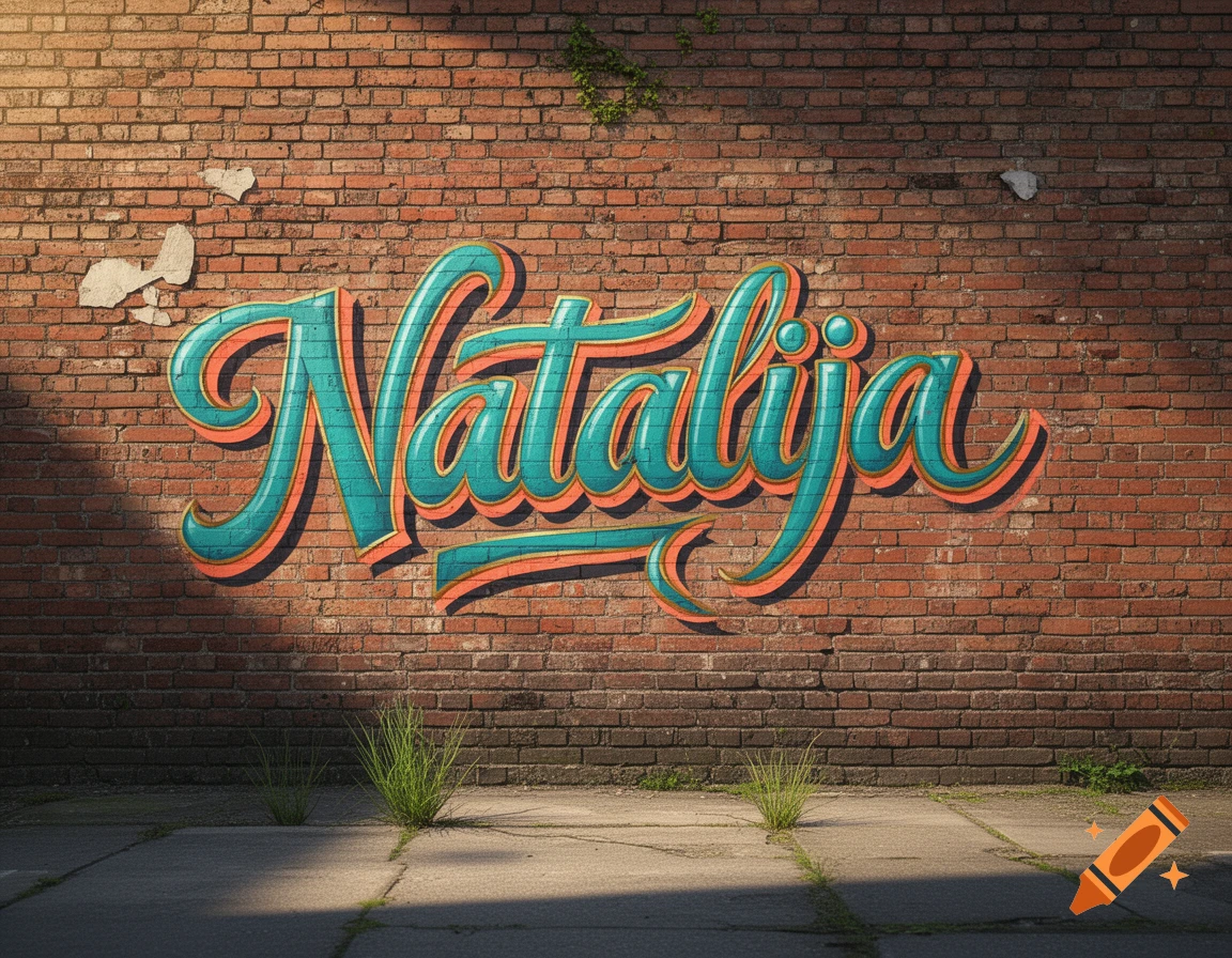 Stylized green and orange text spelling 'Natalija' painted on a brick wall with a concrete sidewalk and small plants.