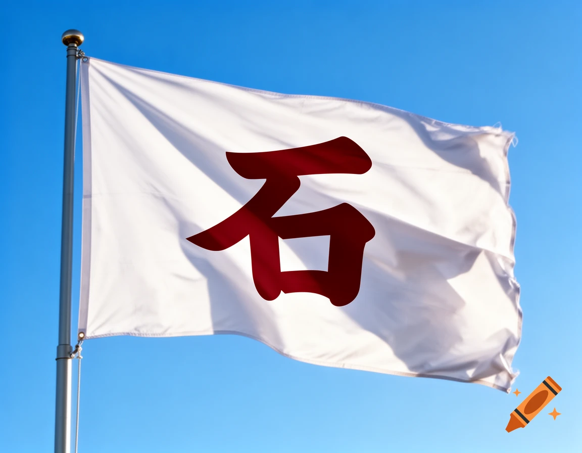 A white flag with a stylized red Japanese character 'Ishi' (石) for Ishikawa Prefecture, waving against a clear blue sky.