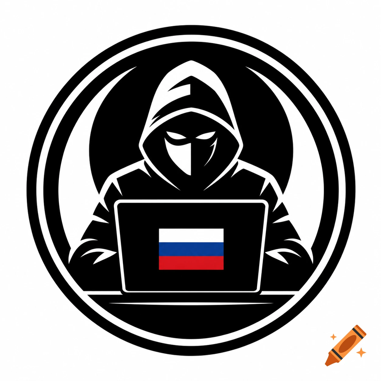 Black and white logo of a hooded hacker figure working on a laptop with a Russian flag on its screen.