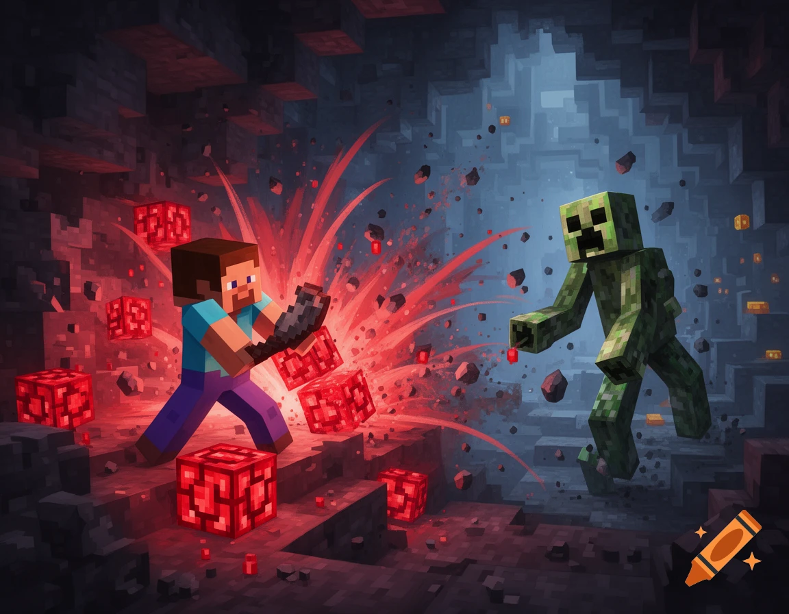 Minecraft Steve mines redstone while a Creeper approaches amid a red energy explosion and debris.