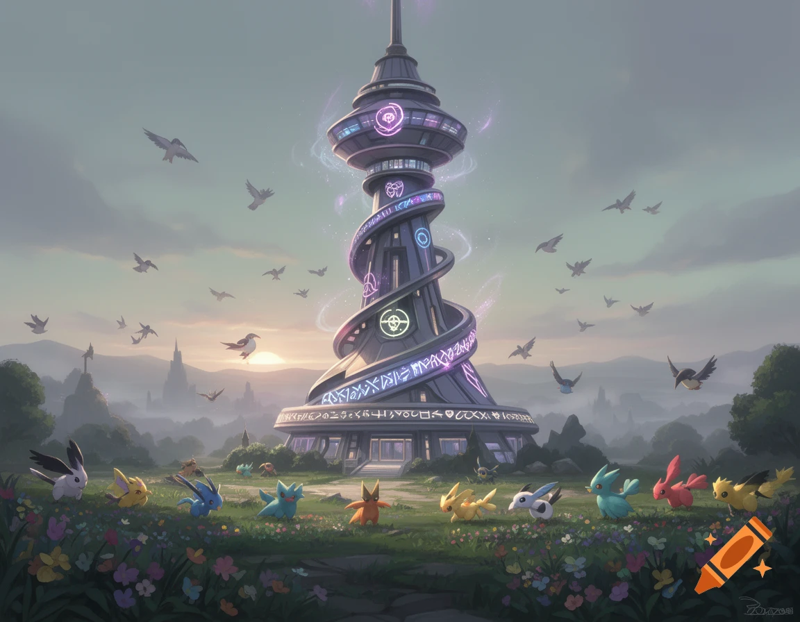 A vibrant fantasy landscape features a tall, spiraling Galar Tower with glowing runes, surrounded by flying birds and colorful, Eevee-like Pokémon on a flowery hill at sunset.