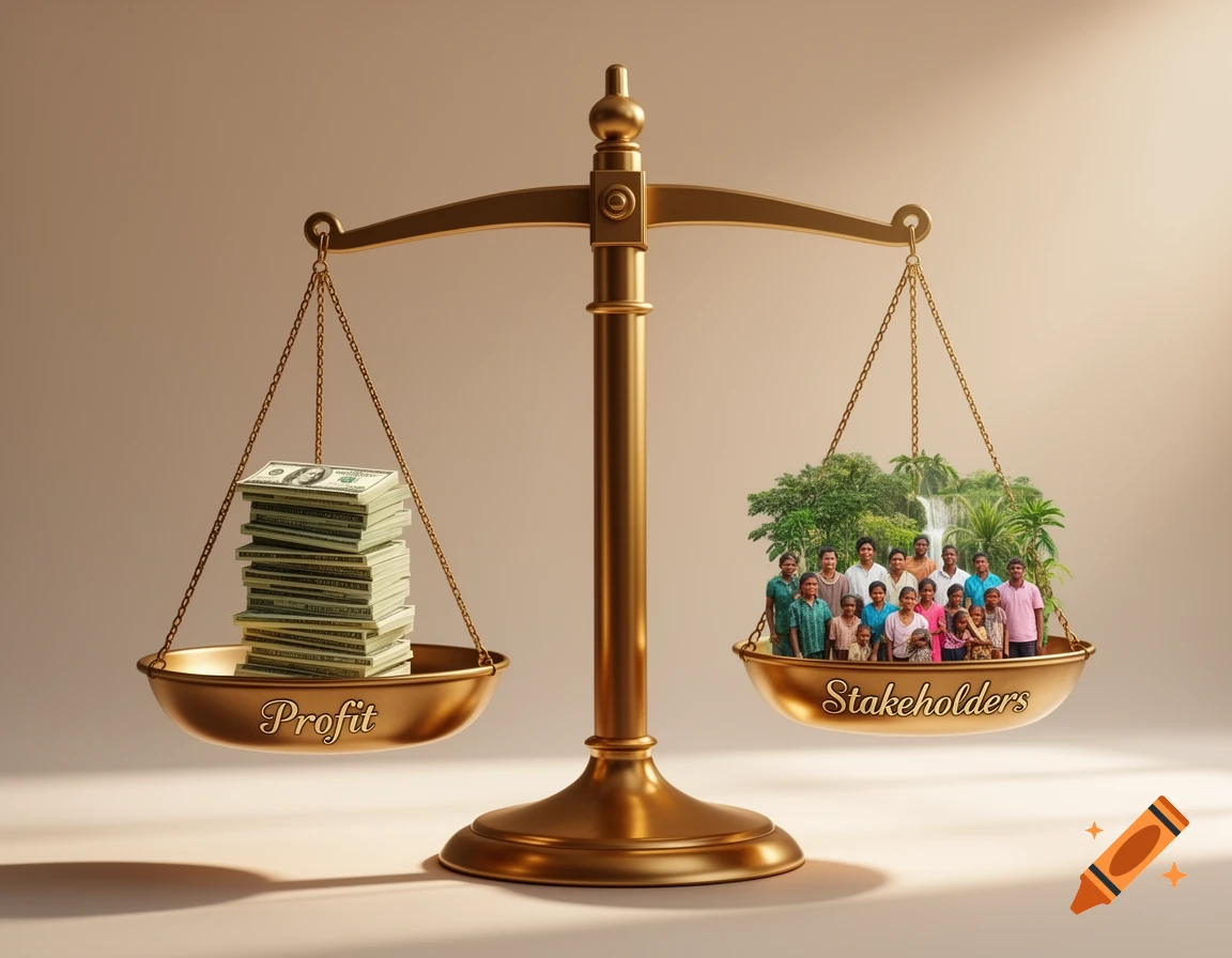 A golden balance scale. One side, labeled 'Profit,' holds a stack of money. The other, labeled 'Stakeholders,' holds a group of people and nature, all balanced.