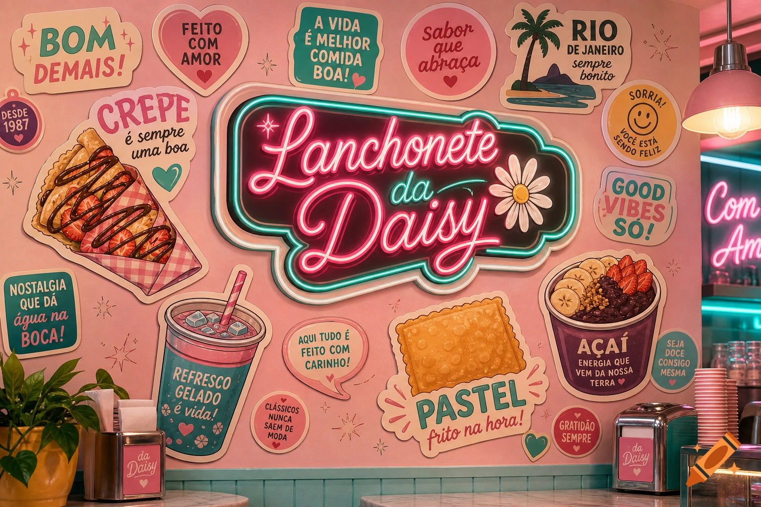 A pastel pink wall covered with numerous modern retro Brazilian style stickers depicting food items like crepes, acai bowls, and pastels, along with positive Portuguese phrases and a neon sign for 'Lanchonete da Daisy'.