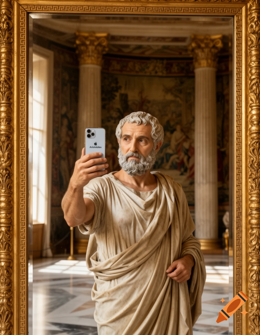 A statue of Aristotle takes a selfie with an iPhone in a museum, reflected in a gold-framed mirror.