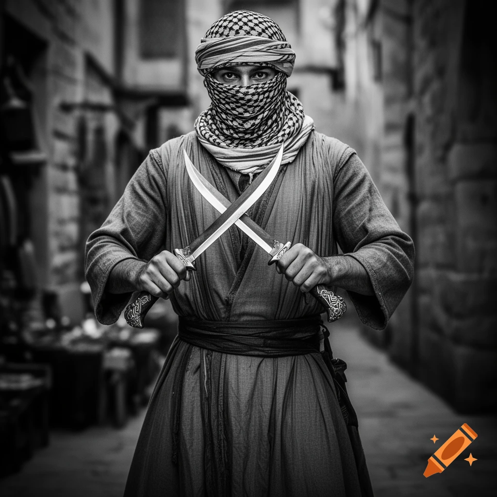 Black and white close-up portrait of a person in traditional Middle Eastern attire, covering their face, holding two crossed curved knives in a narrow alley.