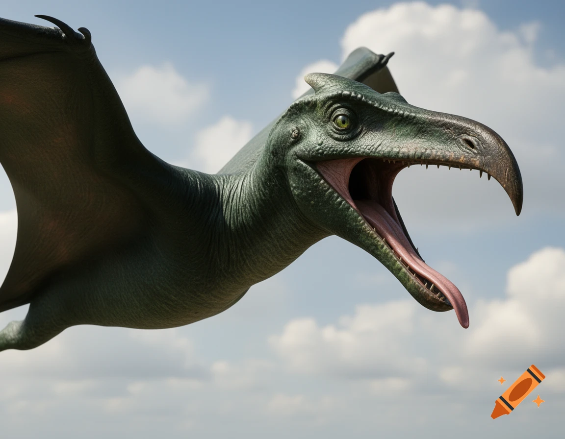 A close-up, photorealistic dark green pterodactyl flying against a cloudy sky, mouth wide open with its tongue hanging out.