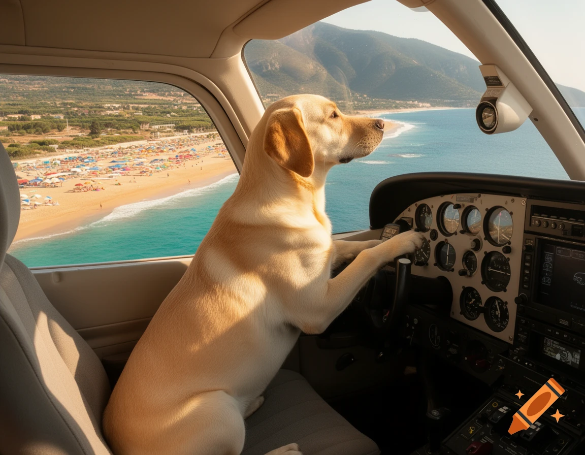 A photorealistic image of a yellow Labrador dog sitting in a small plane's cockpit, looking out at a sunny beach and ocean below.