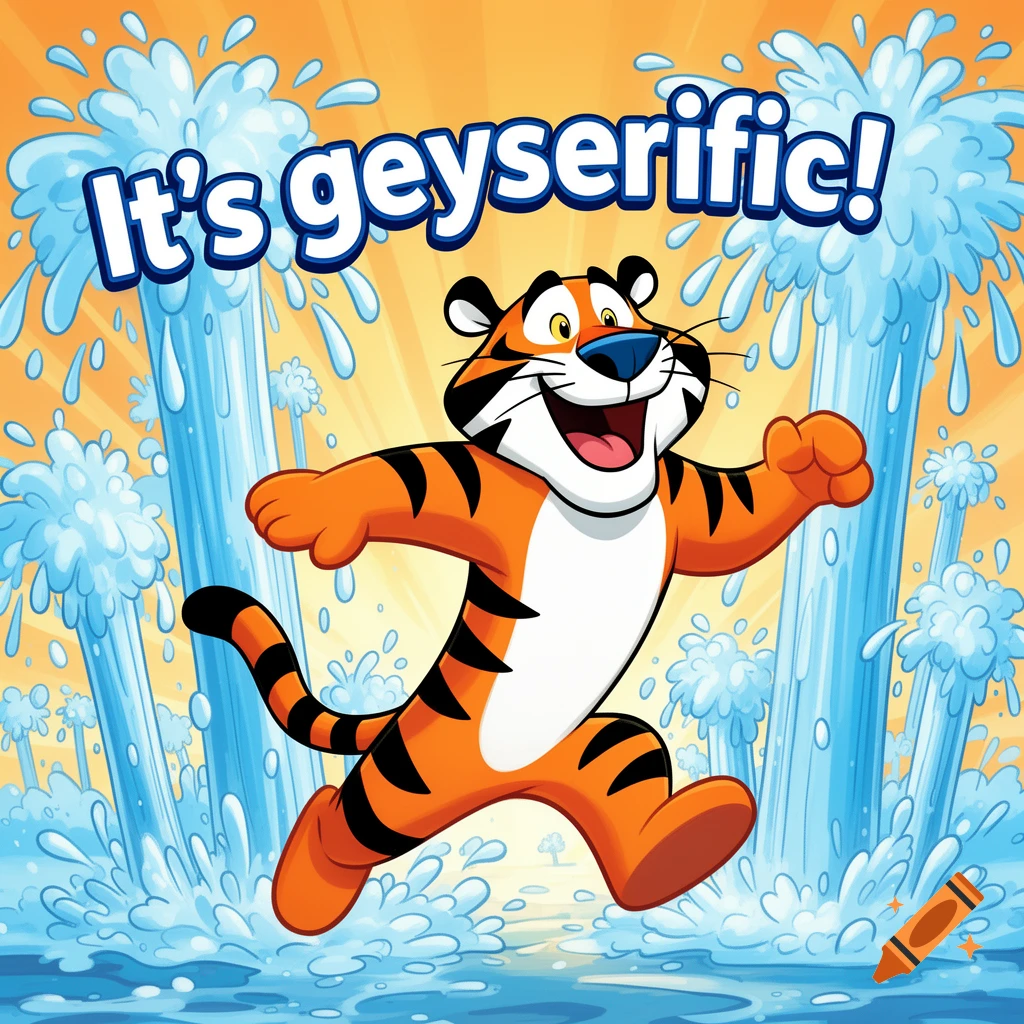 Tony the Tiger joyfully runs through erupting geysers under a sunny sky, with text reading 'It's geyserific!' above him.
