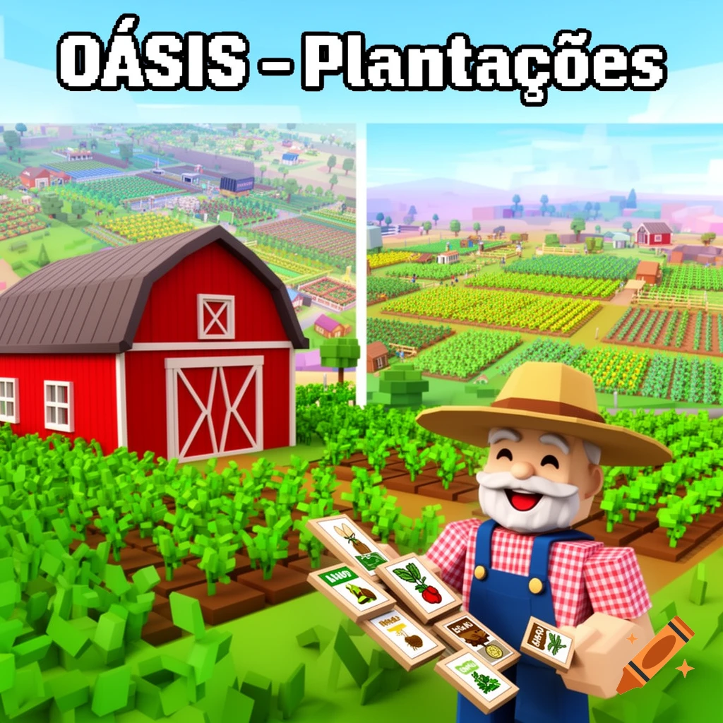 A vibrant low-poly game art of a farm, with a smiling farmer holding seed packets, a red barn, and fields of crops. Text reads 'O S A S - Planta p oes'.