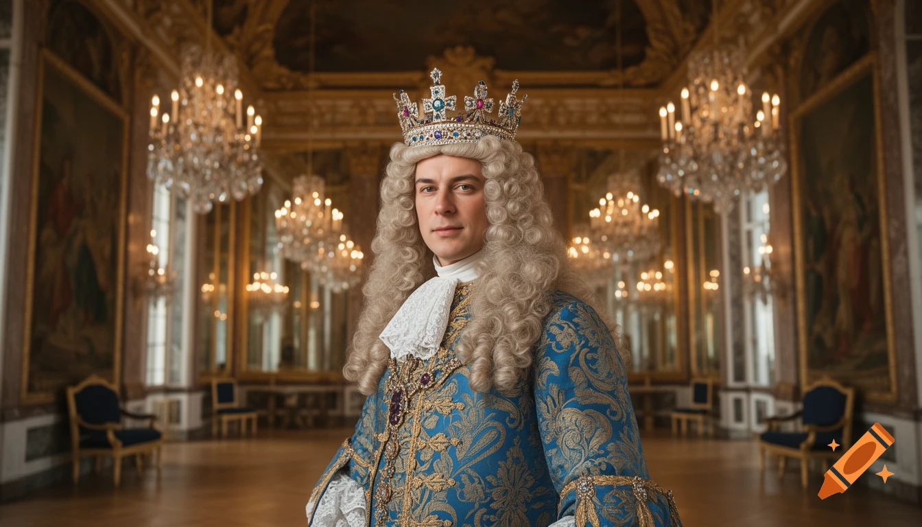 A man dressed as Louis XIV in a white wig, blue and gold coat, and jeweled crown stands in a grand palace hall with chandeliers.